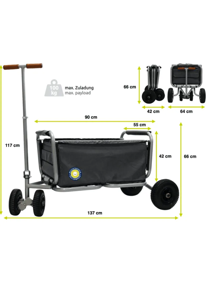 Beachtrekker LiFe faltbarer Bollerwagen (Schwarz) + Bremse + Sonnenverdeck