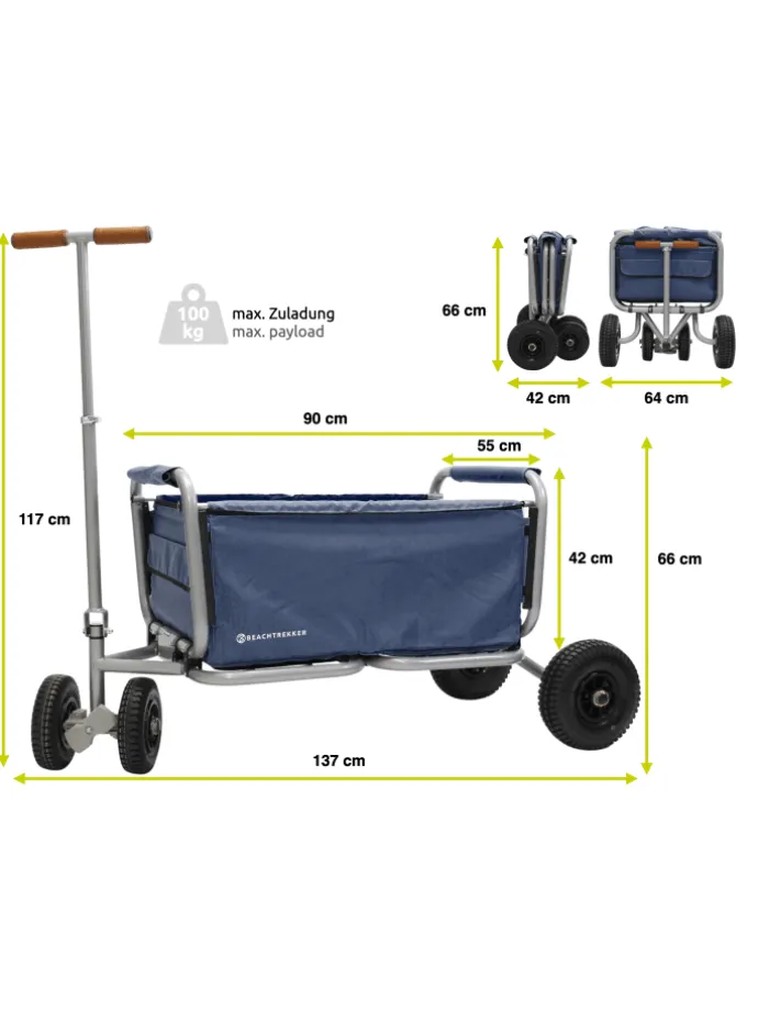 Beachtrekker LiFe faltbarer Bollerwagen (Blau) + Bremse + Sonnenverdeck