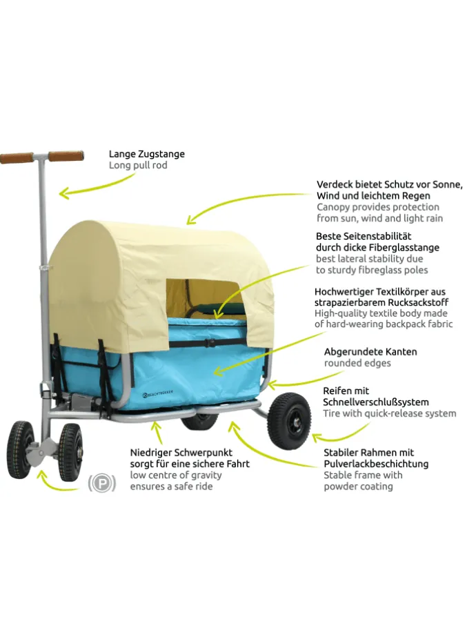 Beachtrekker LiFe faltbarer Bollerwagen (Himmelblau) + Bremse + Sonnenverdeck