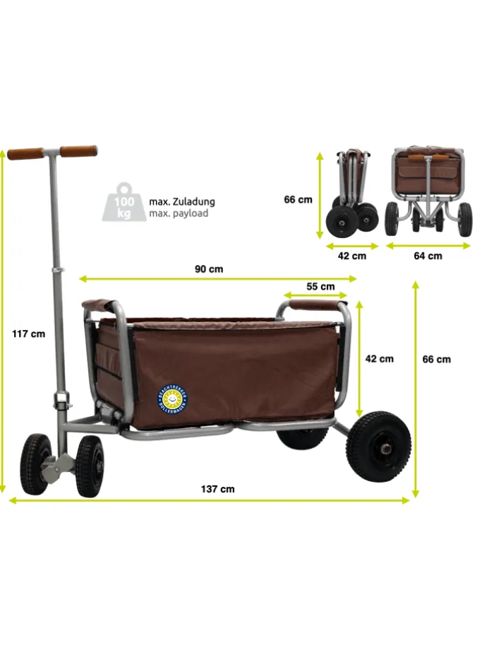 Beachtrekker LiFe faltbarer Bollerwagen + Bremse, klappbarer Handwagen (Braun)