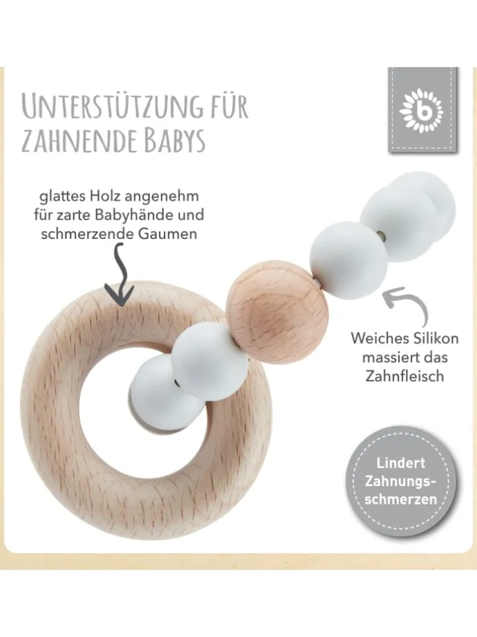 Beißring mit Silikon Perlen - ab Geburt in Grau