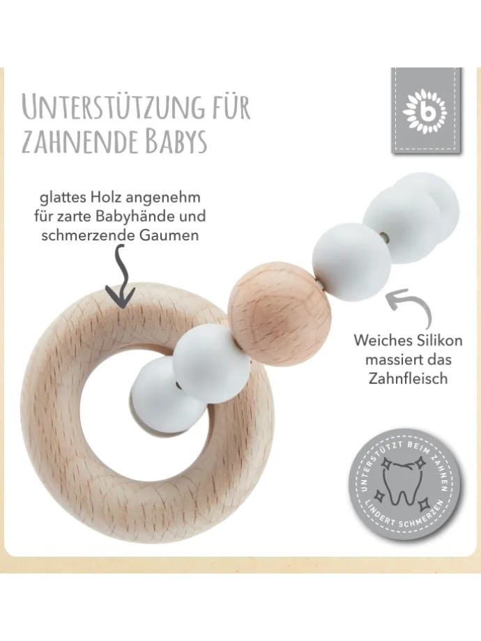 Beißring mit Silikon Perlen - ab Geburt in Grau