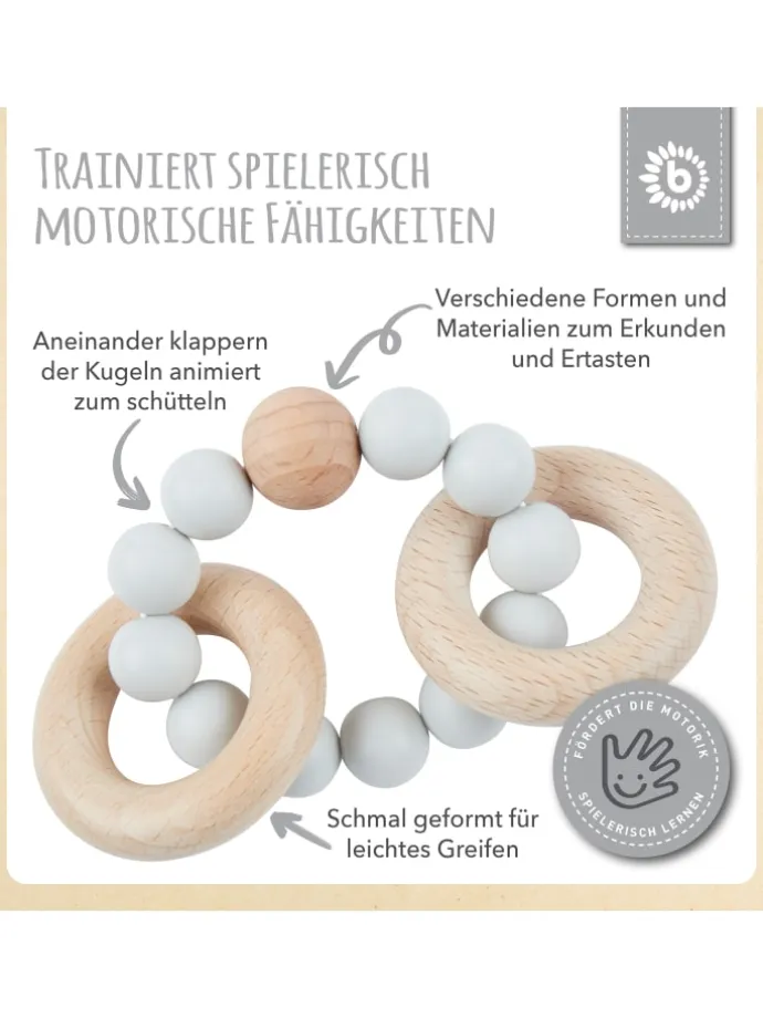 Beißring mit Silikon Perlen - ab Geburt in Grau