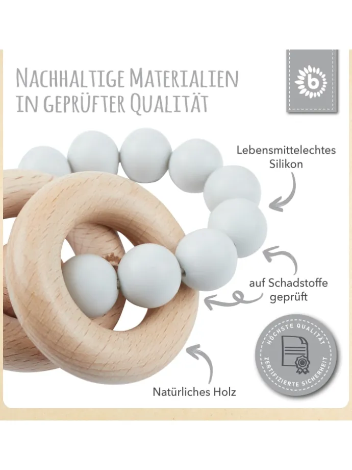 Beißring mit Silikon Perlen - ab Geburt in Grau