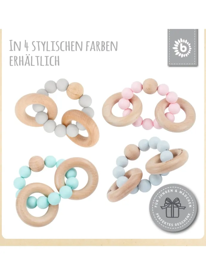 Beißring mit Silikon Perlen - ab Geburt in Grau