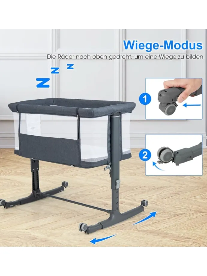 Beistellbett Babywippe mit Matratze 3 in 1 in Anthrazit