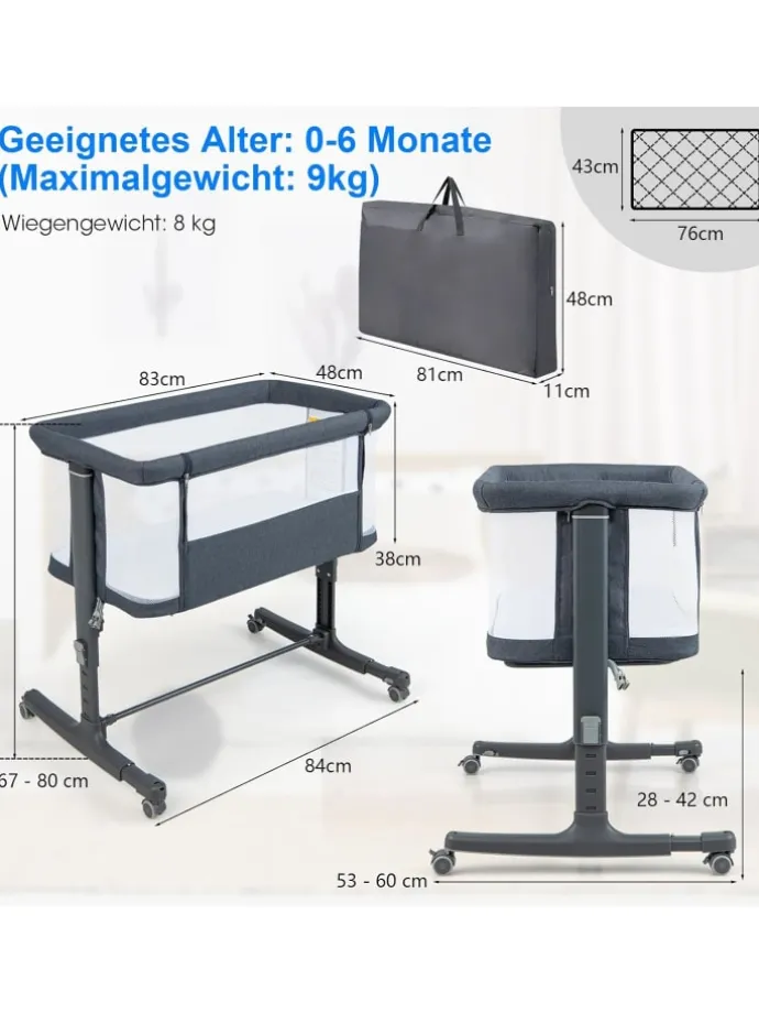 Beistellbett Babywippe mit Matratze 3 in 1 in Anthrazit