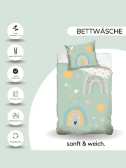 Bettwäsche-Set "Regenbogen, Sonne, Sterne" in Hellgrün