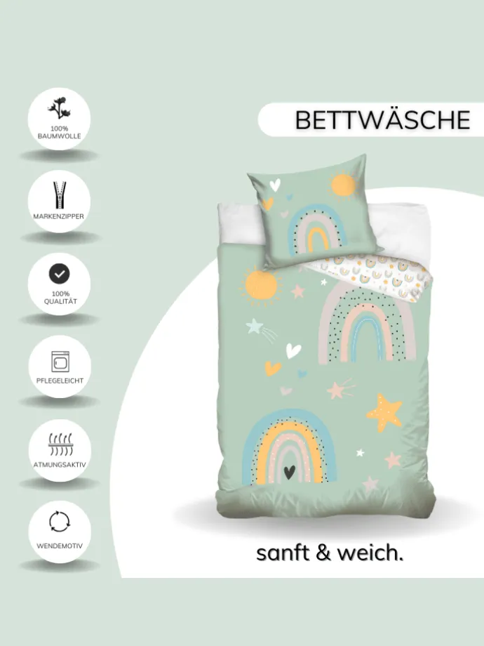 Bettwäsche-Set "Regenbogen, Sonne, Sterne" in Hellgrün