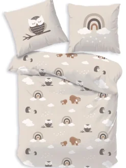 Bettwäsche-Set "Waldtiere - Eule, Igel, Bär" in Beige