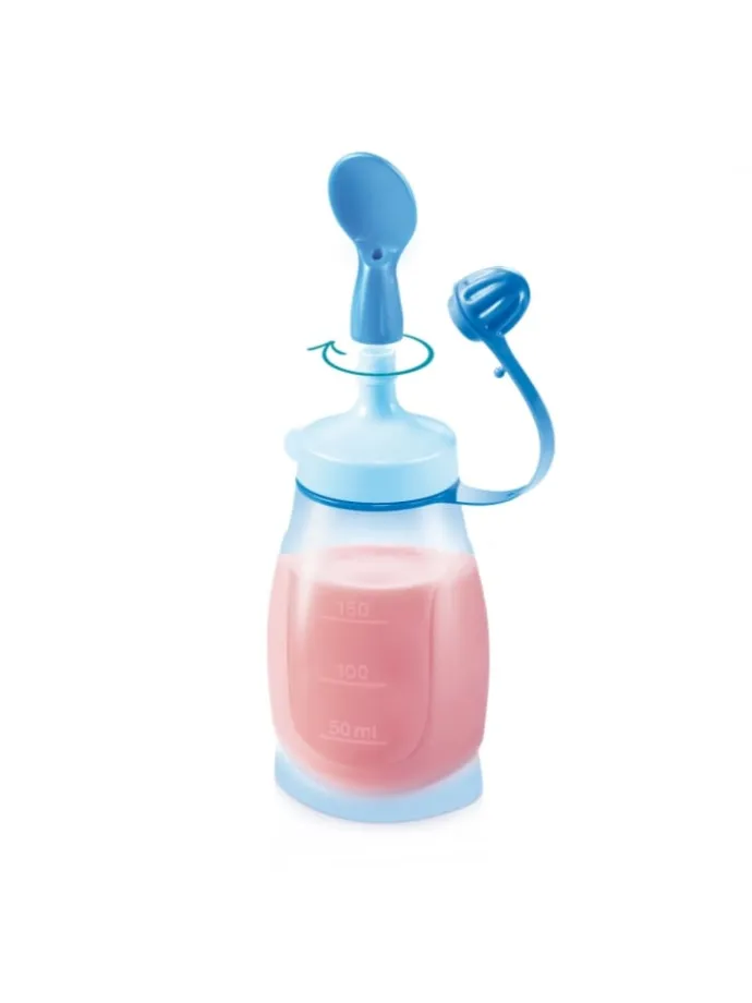 Biegsame Trinkflasche und Löffel PAPU PAPI in babyblau