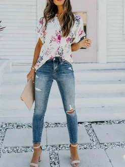 Bluse in Creme/ Blau