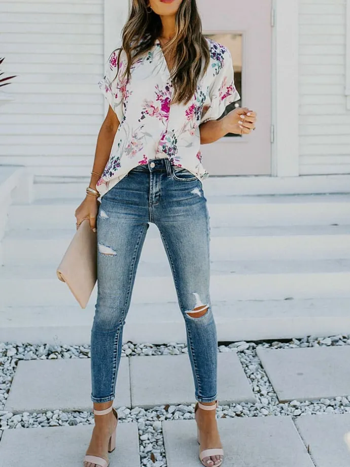 Bluse in Creme/ Blau