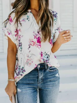 Bluse in Creme/ Blau