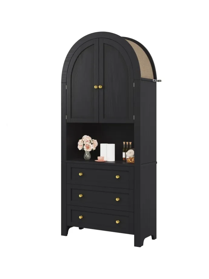 Bogenschrank in Schwarz mit Schubladen Türen und offenem Regal Hoch