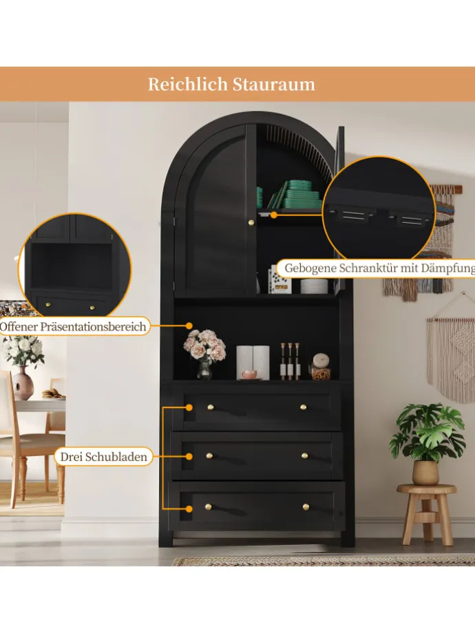 Bogenschrank in Schwarz mit Schubladen Türen und offenem Regal Hoch