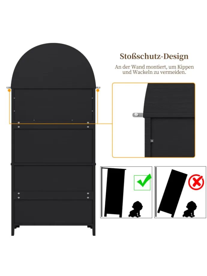 Bogenschrank in Schwarz mit Schubladen Türen und offenem Regal Hoch