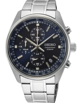 Chronograph Herrenuhr mit Stahlband Blau / Silber