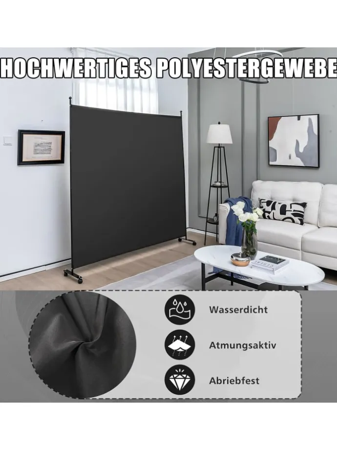 184cm Raumteiler auf Rollen in Schwarz