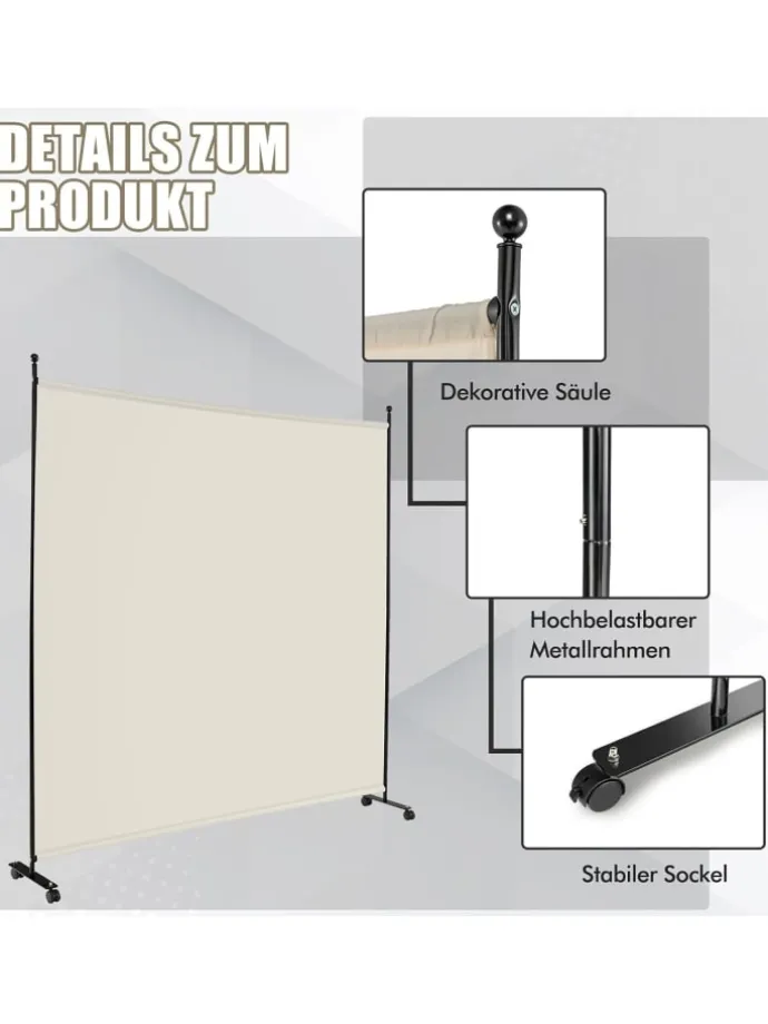 184cm Raumteiler auf Rollen in Beige