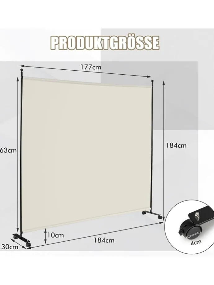 184cm Raumteiler auf Rollen in Beige