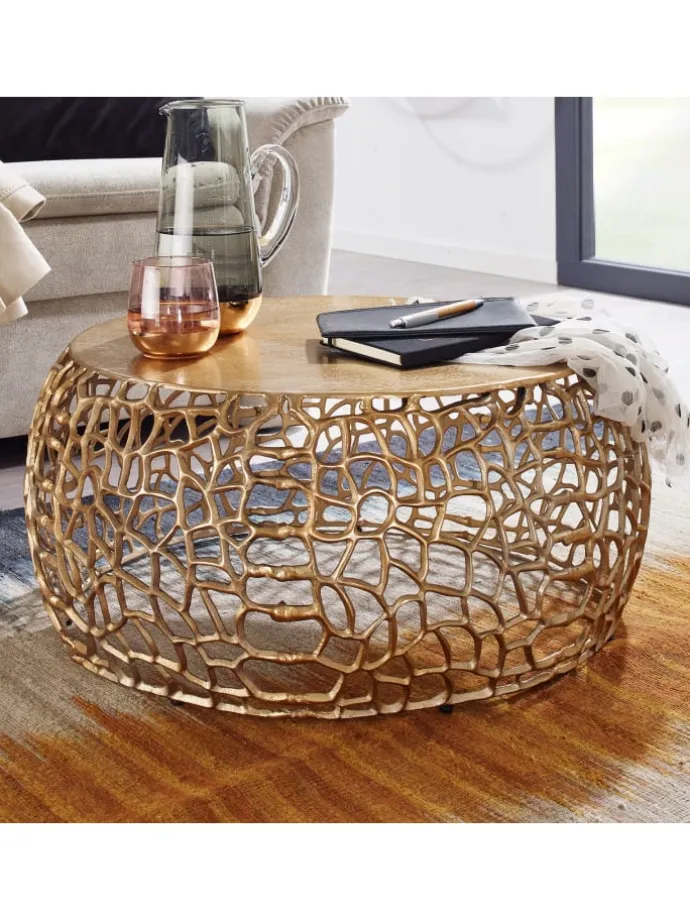 Couchtisch Ast-Design | Metall Gold, 66x66cm, Rund in Gold
