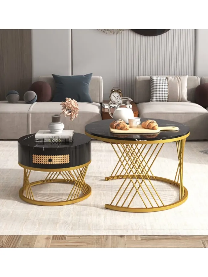 Couchtisch in Schwarz 2-in-1 set mit Marmorplatte Ø70/50 cm, H 45/38cm