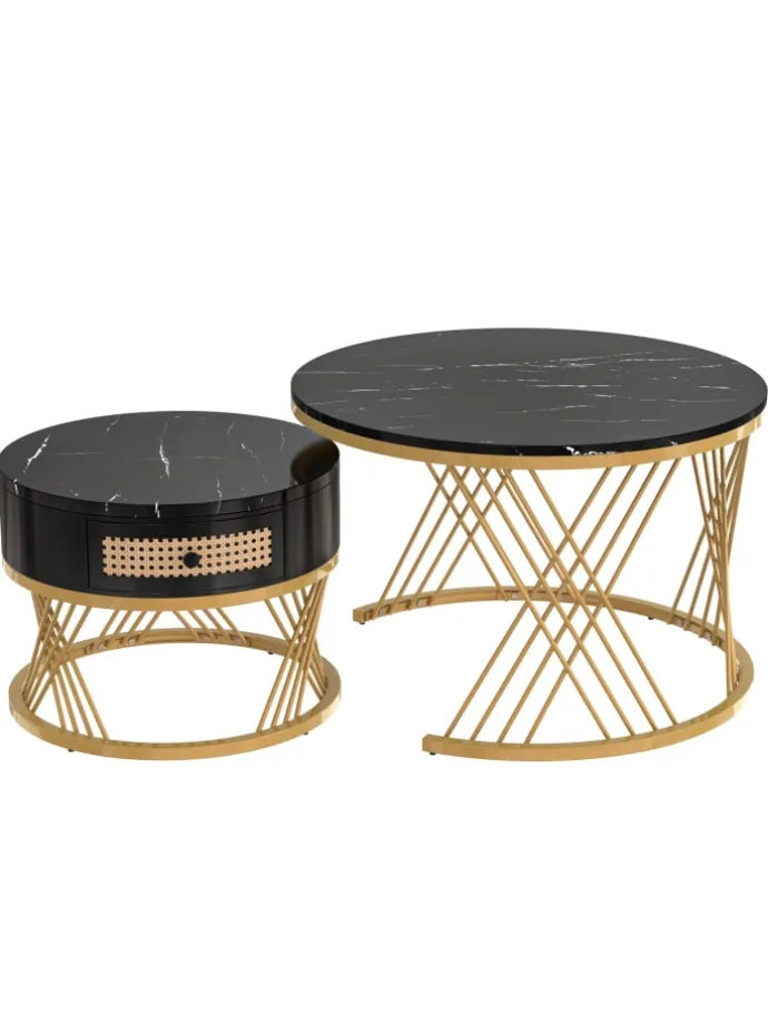 Couchtisch in Schwarz 2-in-1 set mit Marmorplatte Ø70/50 cm, H 45/38cm