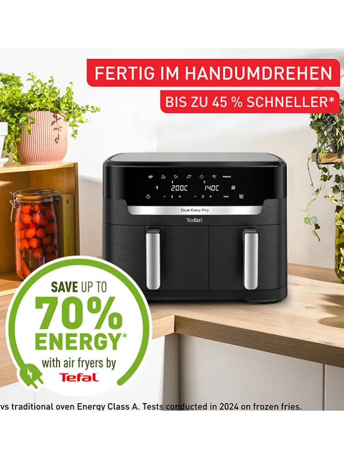 Doppelkammer-Heißluftfritteuse EY9428E0 "XXL Dual Easy Fry" in Schwarz - 11 l