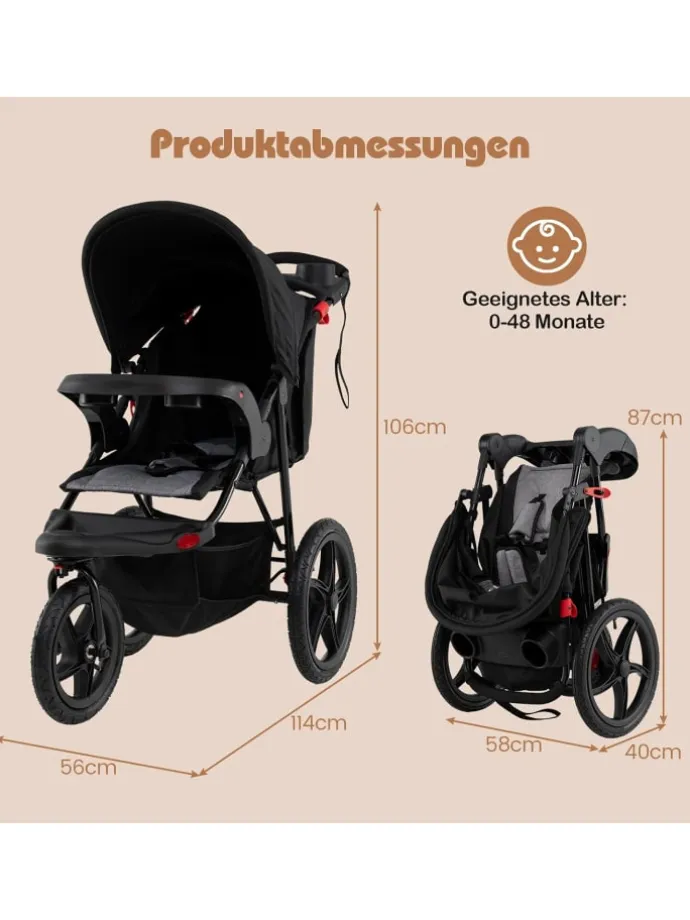 Dreirad Kinderwagen für Baby von 0-4 Jahren in Schwarz