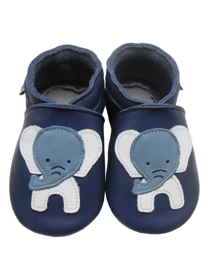 Dunkelblaue Babyschuhe aus echtem Leder ,rutschfester Sohle–Mit Elefanten-Muster