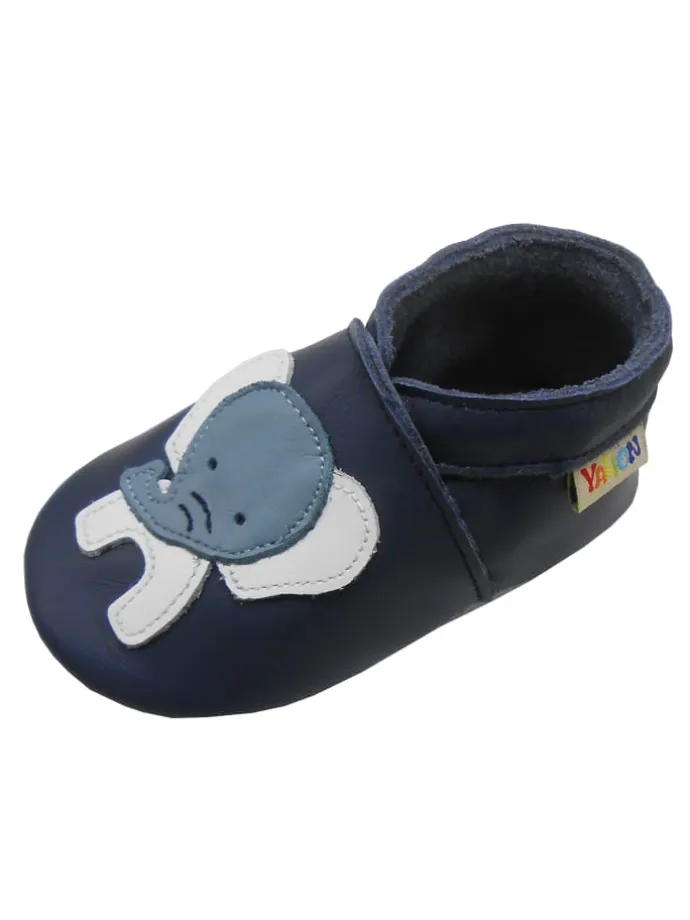Dunkelblaue Babyschuhe aus echtem Leder ,rutschfester Sohle–Mit Elefanten-Muster