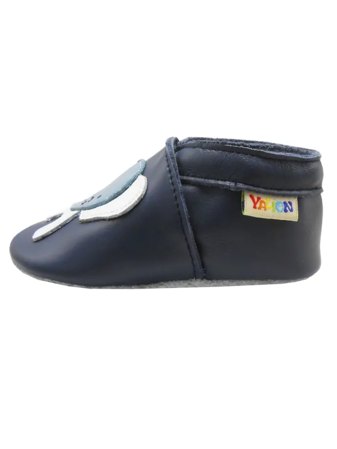 Dunkelblaue Babyschuhe aus echtem Leder ,rutschfester Sohle–Mit Elefanten-Muster