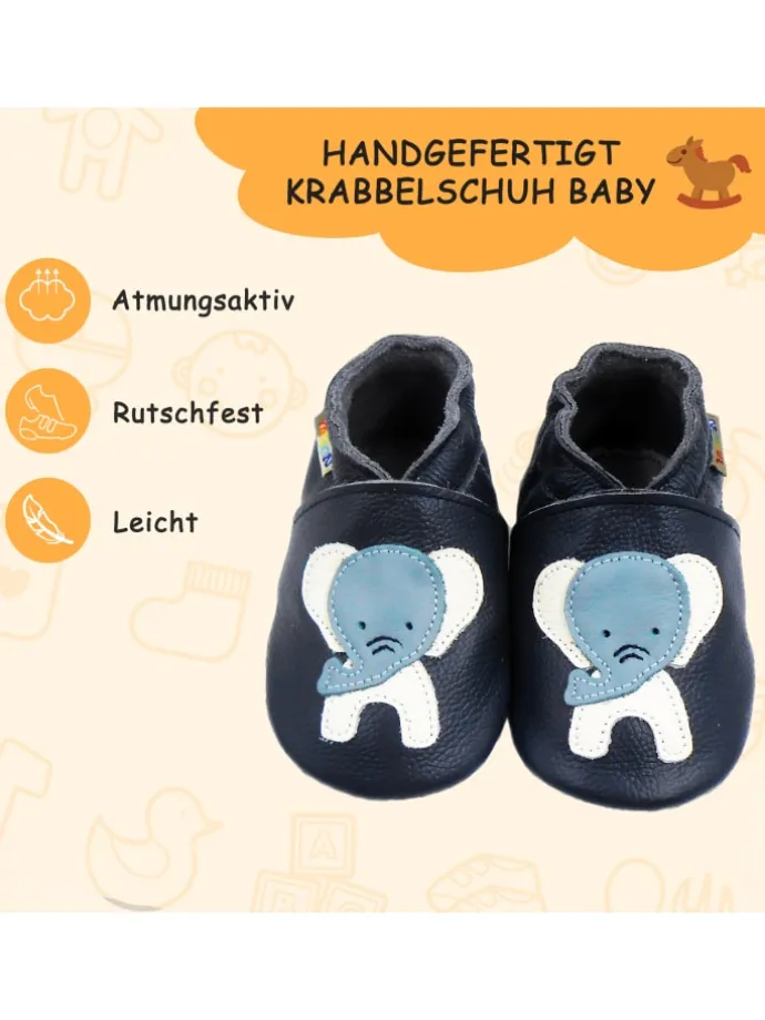 Dunkelblaue Babyschuhe aus echtem Leder ,rutschfester Sohle–Mit Elefanten-Muster