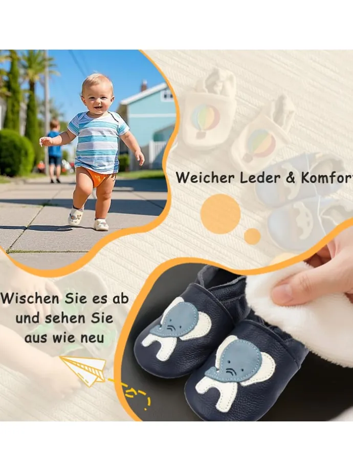 Dunkelblaue Babyschuhe aus echtem Leder ,rutschfester Sohle–Mit Elefanten-Muster