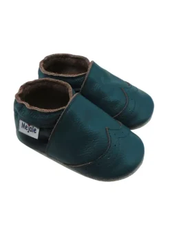 Dunkelgrüne Baby Leder Krabbelschuhe, mit rutschfester Sohle – Wellenmuster