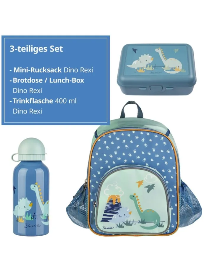 3er Set Rucksack, Brotdose & Trinkflasch in blau,gruen,motiv