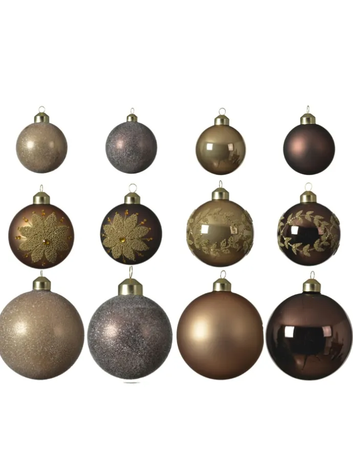 12er Set Weihnachtskugeln Glas 3 Größen in braun