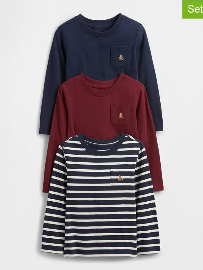 3er-Set: Longsleeves in Dunkelblau/ Rot