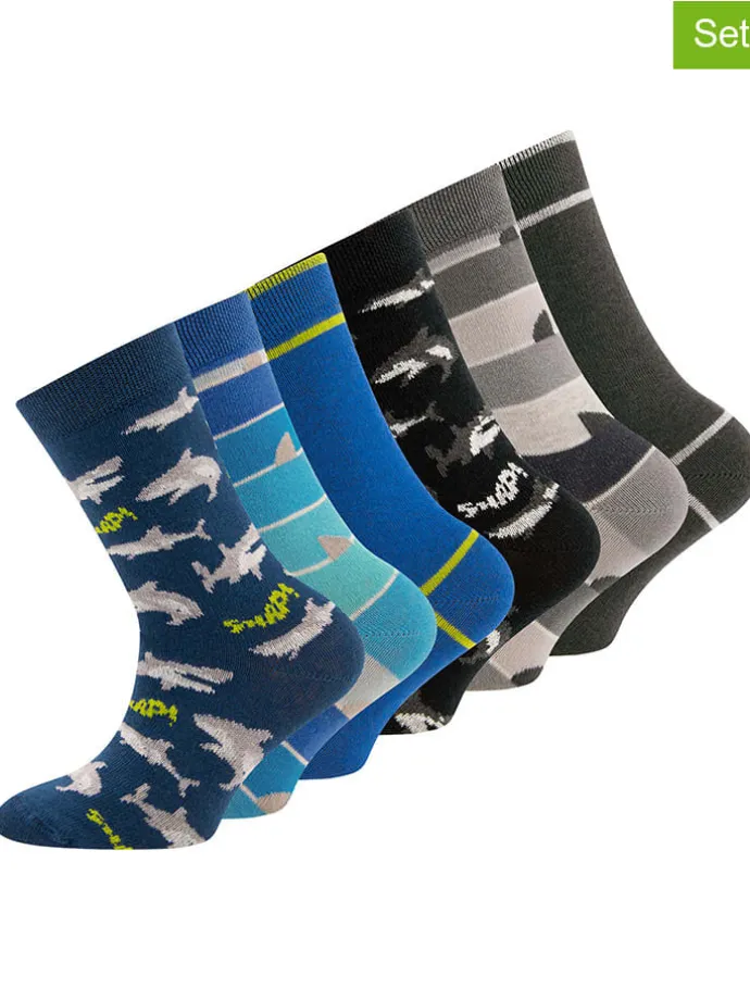 6er-Set: Socken "Hai/ Ringel/ Uni" in Blau/ Grau/ Schwarz
