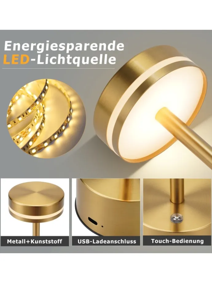 2er-Set Tischleuchte LED in gold Akku Kabellos Touch Dimmbar H 31.5cm