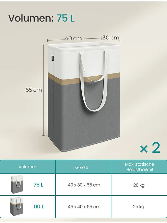 2er-Set: Wäschekörbe in Dunkelgrau/ Weiß - (B)40 x (H)65 x (T)30 cm