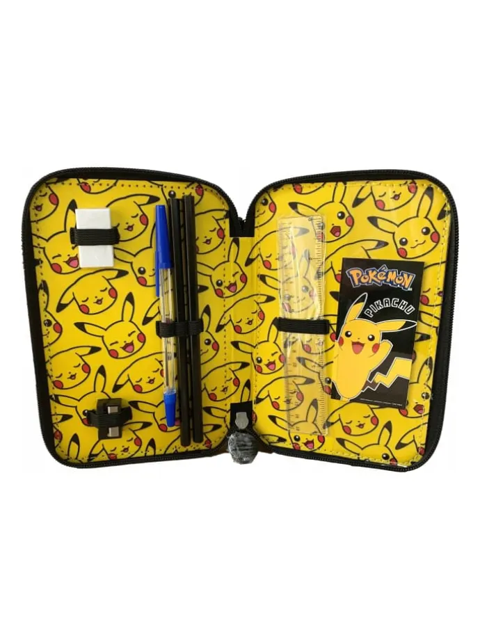 Federmappe 3-Fächer mit Inhalt Pikachu Design in Schwarz