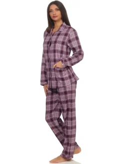 Flanell Pyjama Schlafanzug langarm Knopfleiste und Reverskragen - 50119 in beere