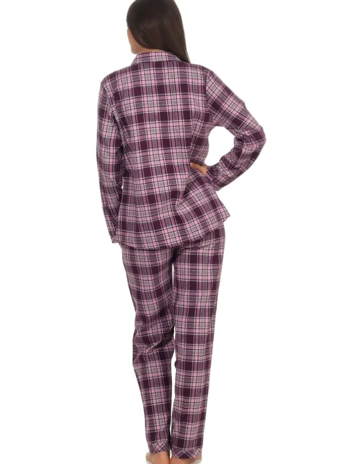 Flanell Pyjama Schlafanzug langarm Knopfleiste und Reverskragen - 50119 in beere