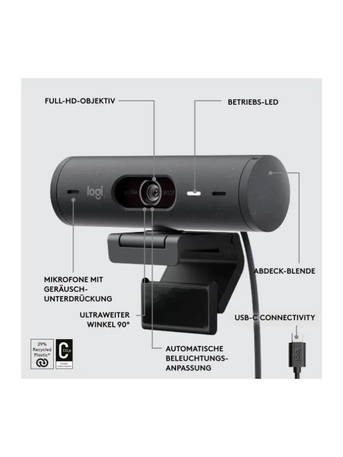 Full HD-Webcam Klemm-Halterung, Stereo-Mikrofon, Integrierte in Schwarz