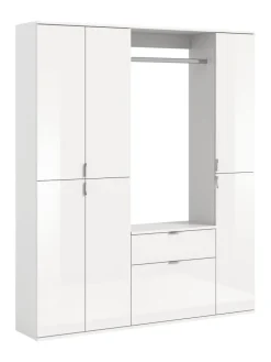 Garderobenkombination  (B/H/T: 152x193x34 cm) in weiß und weiß Hochglanz