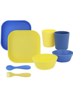 Geschirr- und Besteck-Set in gelb-blau