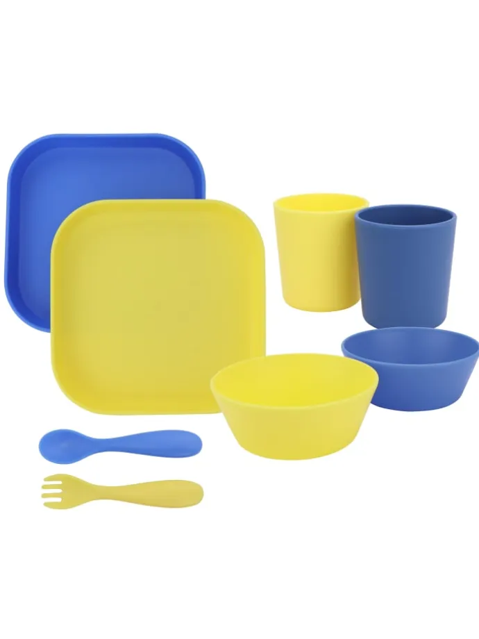 Geschirr- und Besteck-Set in gelb-blau