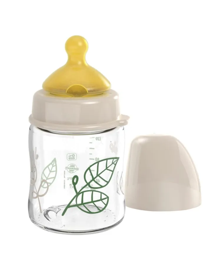 Glas-Flasche Cherry green 120 ml + Latex-Trinksauger in beige,motiv